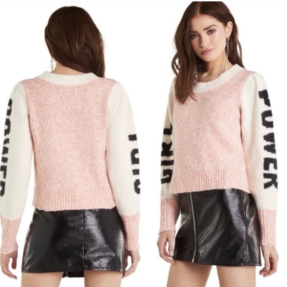 Wildfox Girl Power Pink Knit Sweater Distressed Graphic Pullover Medium - Picture 9 of 9